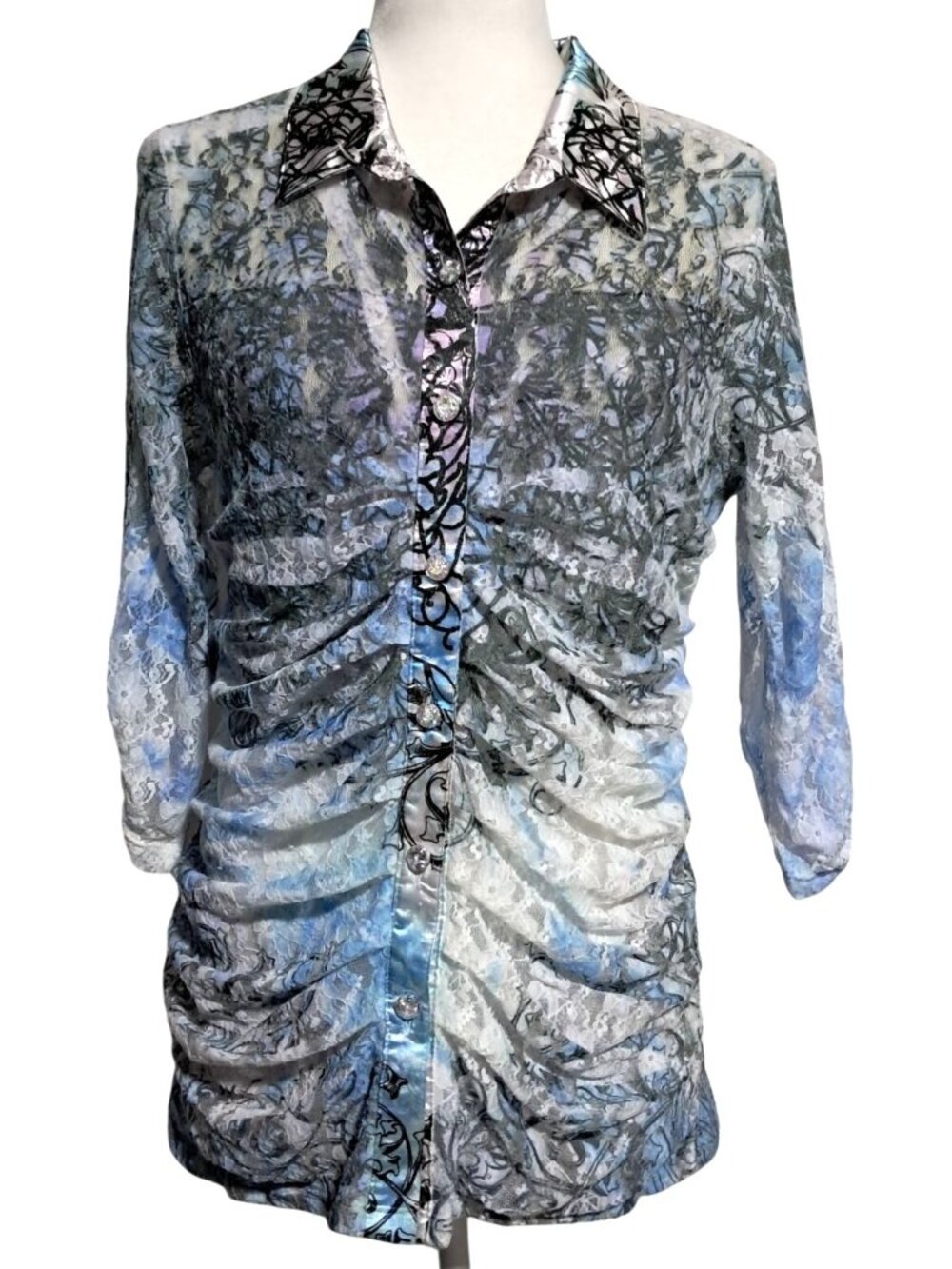 Fantazia‎ Sheer Bling Button Up Blouse Womens Size L Lace Ruched Floral Blouse
